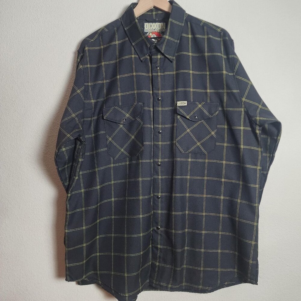 Dixxon Flannel Company Shirt Mens XL Navy Yellow Plaid Snap Front Stay Gold
